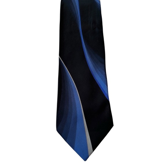 Vintage Ferucci Tie 100% Silk  Black Navy Blue Silver - Picture 1 of 3
